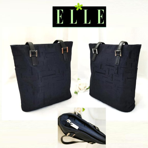 ELLE Paris Blue Nylon Tote Shoulder Bag Black Leather Handle Front Pocket ZipTop - Picture 5 of 10